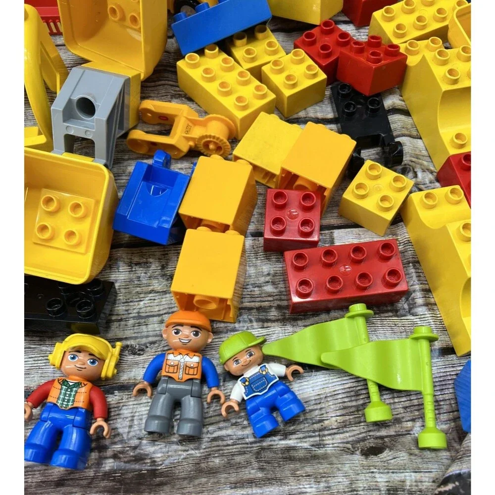 Lot of 100 Lego Duplo Construction W/Minifigs, Trains, Cars, Trucks, Backhoe